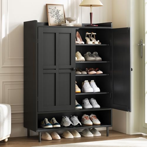 Black 7+1 Tier Farmhouse Shoe Storage Cabinet - 45" Tall Entryway Organizer with Cross Molding Doors, 3 Adjustable Shelves & Metal Legs, Shoe Rack for Front Door Entrance