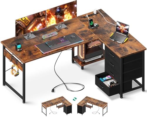 AODK L Shaped Desk with 4 Tier Drawers, 53" Reversible Gaming Desk with Power Outlets, L Shaped Computer Desk with USB Charging Port and Host Stand, Home Office Corner Desk, Easy to Assemble, Vintage