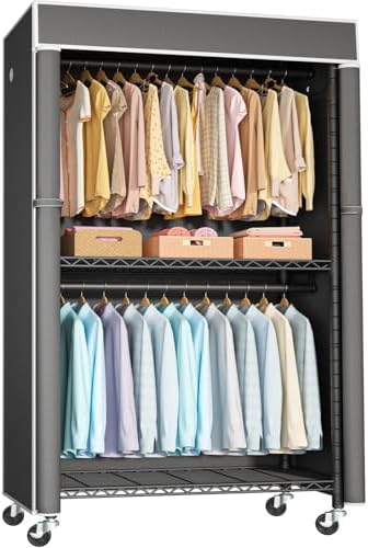 FUTASSI Black Clothing Rack with Dark Gray Cover, P1C Rolling Closets with Wheels, Metal Garment Rack for Hanging Clothes, Clothing Storage Wardrobe, 36.2" W x 16.5" D x 80.5" H, Load 450 Pounds