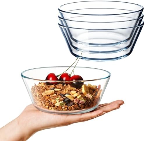 NUTRIUPS 25oz Flat Bottom Small Glass Bowls Set of 4, 6in Clear Glass Cereal Bowls, 0.8L Shallow Glass Bowl for Kitchen, Microwave and Oven Safe