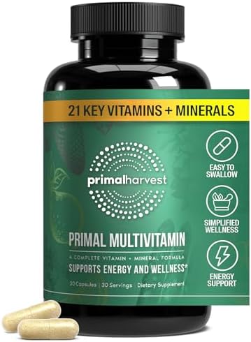 Primal Harvest Primal Multivitamin - Daily Multi-Vitamin Supplement with 21 Essential Vitamins & Minerals for Women & Men - Vitamin A, C, D, E, B12, B6, Biotin, Folic Acid, Zinc, Copper & Selenium