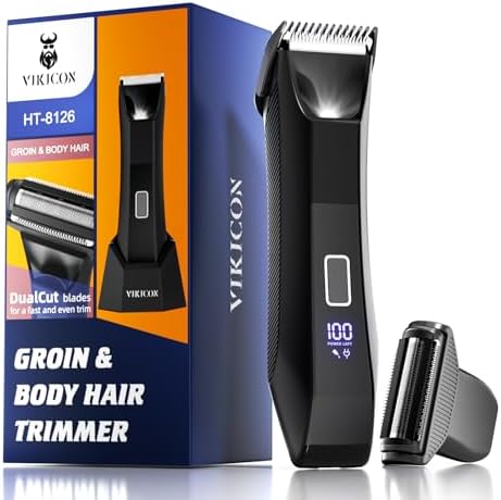 VIKICON 2-in-1 Manscape Trimmer & Shavers for Men: No-Nick Full Body Electric Razor for Pubic, Balls, Back Hair w/Dual-Head Trimmer & Foil Blades - Waterproof Groomer Kit w/Light, Travel Lock & Pouch