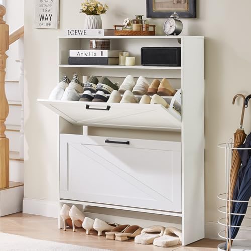 Shoe Storage Cabinet with 2 Flip Drawers,Farmhouse Narrow Shoe Organizer with Legs,Freestanding Hidden Slim Shoe Rack Cabinet with Open Storage for Entryway,Hallway, Foyer, White