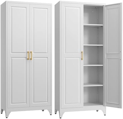 Kitchen Pantry Cabinet,75”White Metal Storage Cabinets with Doors and 4 Adjustable Shelves,Kitchen Cabinet with 2 Gold Handles,Tall Cabinet for Livingroom,Pantry, Bathroom