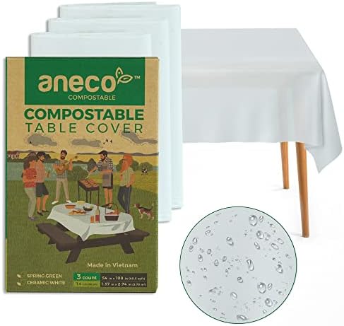 ANECO 100% Compostable Tablecloths for Rectangle Tables (54''x108'', 3 Count) - White Disposable Rectangular Tablecloth - Anti-Plastic Table Cover for Outdoor, Party, Picnic, Wedding