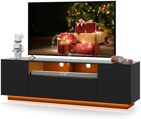 WLIVE TV Stand with LED Lights & Large Storage Cabinet, Modern Entertainment Center for 65 Inchs TV, Sturdy Media Console for Living Room, Bedroom,Gaming(Black)