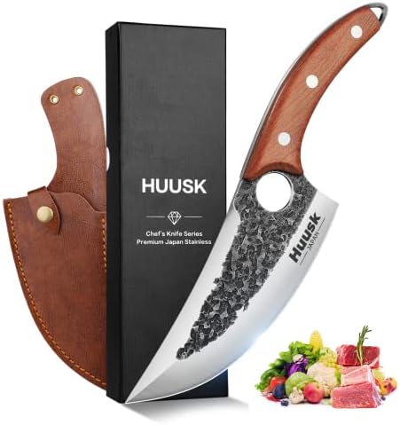 Huusk Chef Knives, Upgraded Viking Knife with Sheath Hand Forged Butcher Knife for Meat Cutting, Sharp Meat Cleaver for Kitchen and Outdoor, Thanksgiving Christmas Gifts