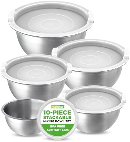 NutriChef 10 Piece Stainless Steel Mixing Bowls with Airtight Lids, Dishwasher Safe, 5 Stackable Nesting Bowls and 5 BPA-Free Lids for Kitchen, Cooking, Food Storage, Meal Prepping, Mixing & Serving