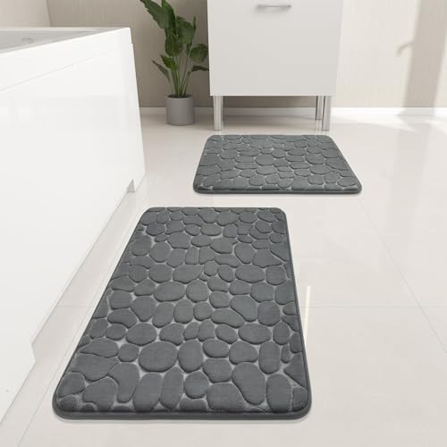 YIHOUSE Bathroom Rugs Sets 2 Piece, Cobblestone Memory Foam Bathroom Mats Set Extra Thick, Non Slip Bath Mats for Bathroom, Water Absorbent, Washable Dark Grey Bath Rugs for Tub, Toilet and Floor