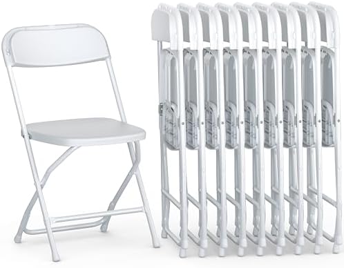 10 PACK White Foldable Plastic Chair | Folding & Stackable | 350 lbs Capacity Steel Frame Seats for Indoor Outdoor | Commercial Use Events Wedding Party Events Bulk Picnic Kitchen Dining