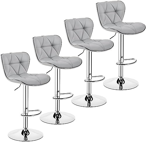 Yaheetech Bar Stools Set of 4, Island Chairs Shell Back, PU Leather Adjustable Barstools, Swivel Barstools with Footrest for Home Kitchen, Light Gray