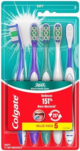 Colgate 360 Whole Mouth Clean Toothbrush, Adult Soft Toothbrushes, 5 Pack, Multicolored