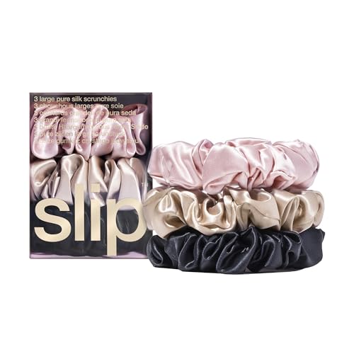 slip Large Scrunchie Multi | Set of 3 Pure Silk Large Scrunchies | Includes 1 Pink, 1 Caramel, 1 Black | 100% Mulberry Silk, Anti-Crease, Gentle on Hair, Reduces Breakage | Stylish & Durable