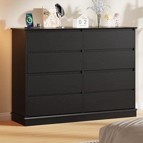 GarveeHome Black 8 Drawer Dressers for Bedroom, Chest of Drawers with Deep Drawers, Large Double Dresser for Closet with Wide Top, Horizontal Wooden Dresser for Living Room, Hallway, Kids Room