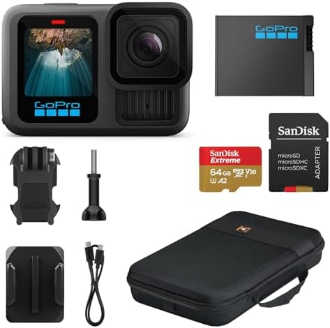 GoPro HERO13 Black - Waterproof Action Camera with 5.3K60 Video, 27MP Photo + Compatability with HB-Series Lenses + Sandisk 64GB SD Card + Slinger Case Cameras