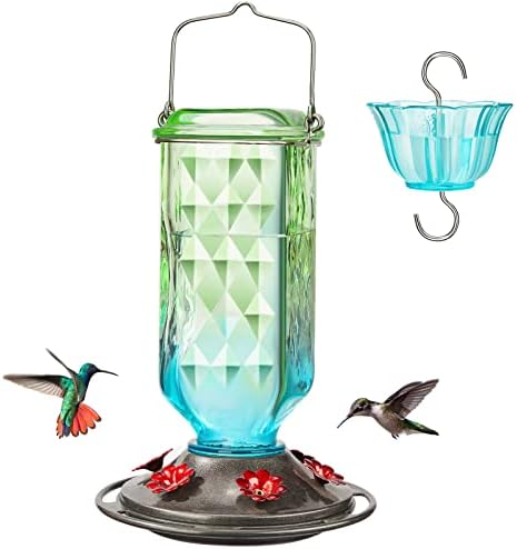 Kingsyard Glass Hummingbird Feeder for Outdoor Hanging, 24 Ounces, 6 Feeding Ports, Bird Nectar Feeder for Garden DΓ©cor, Ant Moat Included, Green & Blue