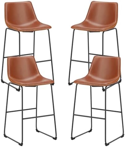 Sweetcrispy Counter Height Bar Stools Set of 4, 30 inch Height Stool Faux Leather Barstools with Back, Armless Kitchen Island Countertop Comfortable Modern Chairs with Metal Legs - Brown