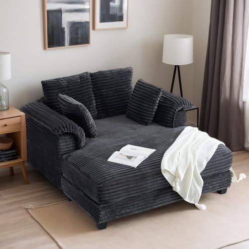 VINGLI 56" Oversized Chaise Lounge Chair, Dark Grey Comfy Corduroy Chaise Sofa Recliner Bed Upholstered Sleeper Couch Bed with Throw Pillows and Armrests for Living Room, Movie Room, Bedroom
