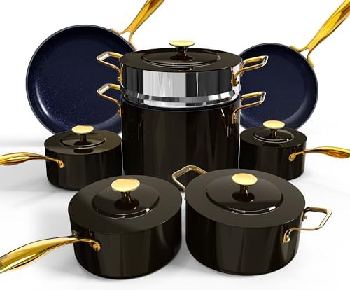 Nuwave Lux LE 13-Pc Cookware Set with Elegant Gold Handle, Diamond Infused Ceramic Non-Stick, PFAS Free, Premium Metal Lids, Ergonomic Stay-Cool Handles, Induction Ready & Compatible w/All Cooktops