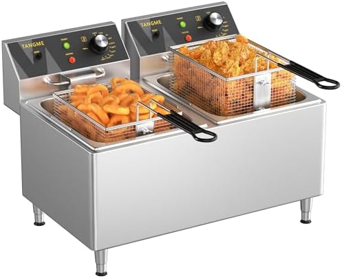 Commercial Deep Fryer 3500W Electric Countertop Fryer 25.4Qt Heavy Duty Large Stainless Steel Deep Fryers with Double Baskets, Lid and High Legs for Restaurant, UL Certified