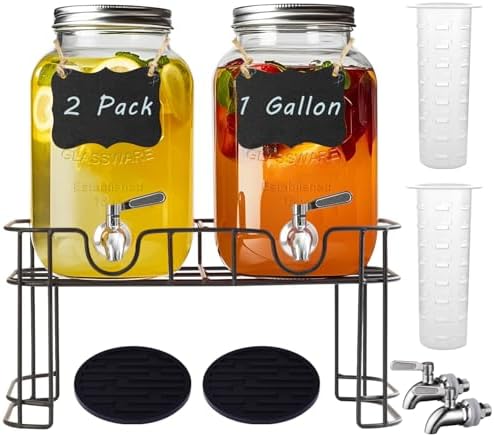 1 Gallon Glass Drink Dispenser with Stand,2 Pack Glass Beverage Dispenser with Stainless Steel Spigot,Water Lemonade Dispenser for Parties