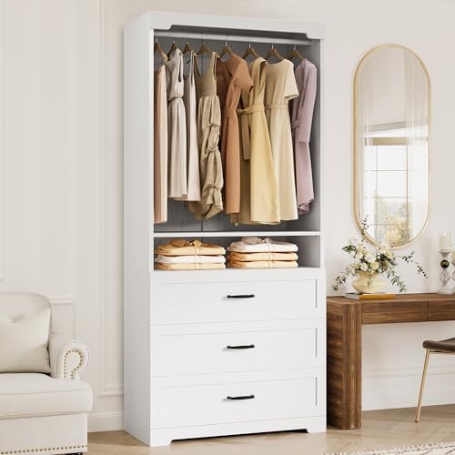 IRONCK Freestanding Closet System with 3 Wood Drawers, Modern Armoire Wardrobe with Adjustable Shelves & Hanging Rod, Walk-in Closet Systems Organizer, 31.5" White