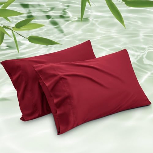 Bedsure Cooling Pillow Cases Queen Size Set of 2, Rayon Derived from Bamboo Cooling Pillowcases for Hot Sleepers, Cool Pillow Covers with Envelope Closure for Women, Men, Red, 20x30 Inches