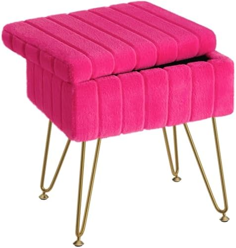 Greenstell Vanity Stool Chair Faux Fur with Storage, 15.7"L x 11.8"W x 19.4"H Soft Ottoman 4 Metal Legs with Anti-Slip Feet, Furry Padded Seat, Modern Multifunctional Chairs for Makeup, Bedroom,Rose