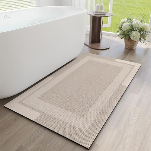 Non Slip Bathroom Runner Mat Rugs, Quick Dry Super Absorbent Rubber Backing Large Long Bath Rug, Diatomaceous Earth Ultra Thin Bath Mat Fit Under Door Bathroom Floor Shower Mat, Beige 24"x48"