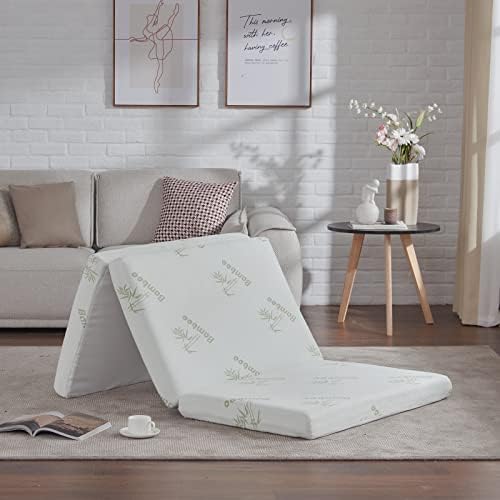 SINWEEK Memory Foam Folding Mattress, 4 Inch Foldable Trifold Mattress Topper, CertiPUR-US Certified Guest Bed with Cooling Cover & Waterproof Lining