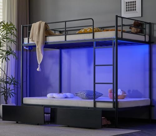VINGLI Metal Bunk Bed Frame Twin Over Twin with 2 Drawers, LED Lights, Safety Guardrail & Ladder, Charging Station, for Kids, Teens & Adults, Space-Saving, No Box Spring Needed, Black