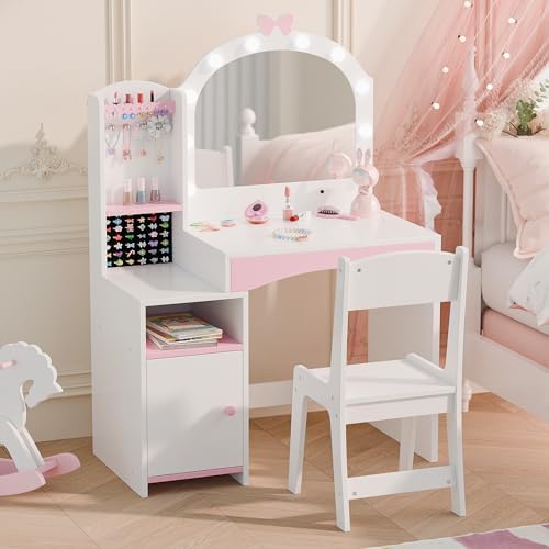 MU Kids Vanity, Girl Vanity Set with Mirror and Chair, 2 in 1 Toddler Makeup Vanity Table with Jewelry Storage, Wooden Princess Makeup Desk Dressing Table for Little Girls, White