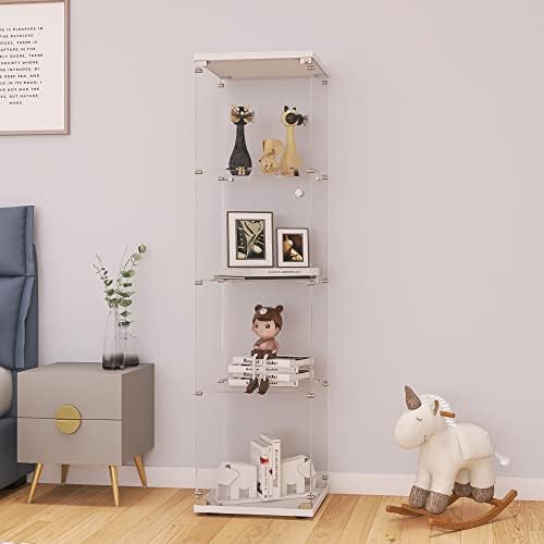 LFT HUIMEI2Y Glass Display Cabinet 4-Shelf with Door and Lock, Curio Cabinets Upgraded Quick-Install Style Tempered Glass Floor Standing Bookshelf for Bedroom, Living Room 65â€x 17â€x 14†White