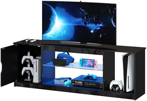 Bestier 57" Gloss Black Media Console - Gaming TV Stand for 65 Inch TV, Entertainment Center for PS5/Xbox Series X, Modern Home Theater Design, Adjustable Glass Shelves