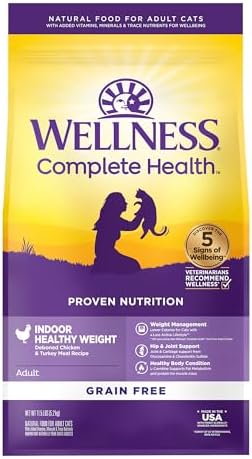 Wellness Complete Health Adult Dry Cat Food for Indoor Cats, Grain Free, Natural, Healthy Weight Chicken & Turkey Meal (11.5 Pound Bag)