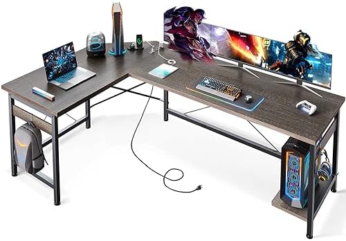 Coleshome 66" L Shaped Gaming Desk with Outlet, L Shaped Desk with CPU Stand, Corner Computer Desk, Home Office Desk, Writing Desk, Grey Oak