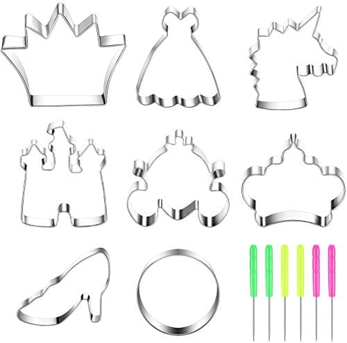 8 Pieces Princess Cookie Cutter Set with Crown, Dress, Castles, Unicorn Head Shapes Stainless Steel Fondant Biscuit Cutters and 6 Pieces Sugar Stirring Pins