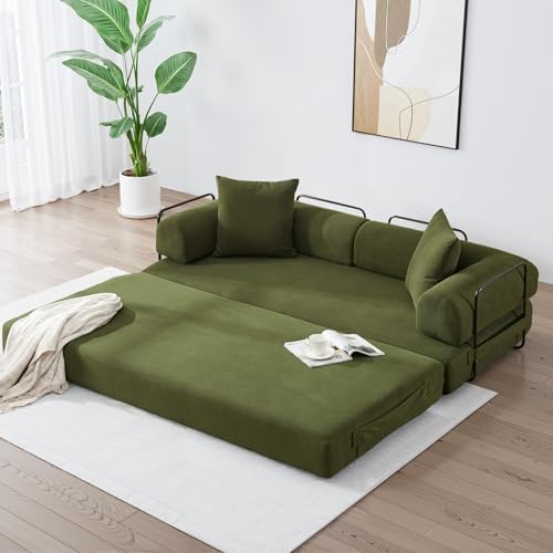 Convertible Sleeper Sofa Bed with Cylindrical Pillow, Corduroy Folding Mattress Couch with Fixed-Shape Frame, Floor Sofa Lounge Couch for Living Room Bedroom Lounge Studio-Green