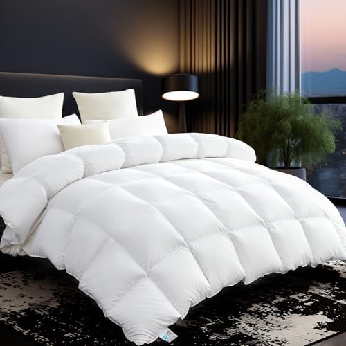 L LOVSOUL 75% Goose Down Fiber Comforter Oversize King Size, 850+ Fill Power Hotel Style Bedding Comforter, 1200TC, Fluffy Ultra Soft All Season White Duvet Insert with 8 Corner Tabs