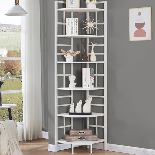 HOMISSUE Corner Shelf, 6 Tier Tall Narrow Bookshelf 76.9", Industrial Corner Bookcase with Storage for Home Office Living Room and Bedroom, White