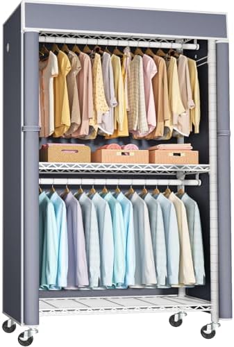 FUTASSI White Clothing Rack with Grey Cover, P1C Rolling Closet Rack with Wheels, Metal Garment Rack for Hanging Clothes, Clothing Storage Wardrobe, 36.2" W x 16.5" D x 80.5" H, Load 450 Pounds