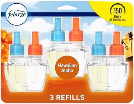 Febreze Plug In Air Freshener, Odor-Fighting Scented Oil Refill, Air Fresheners for Home and Bathroom and Kitchen, Long Lasting for Strong Odors, Hawaiian Aloha Scent, 0.87oz Refills, 3 Count