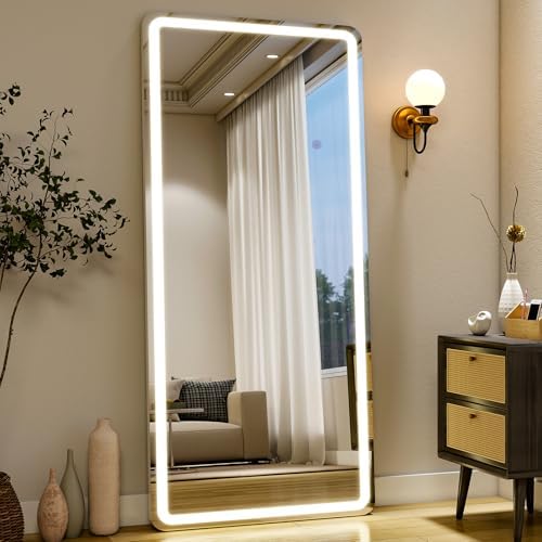 26x68 inch Full Length Mirror with Lights, LED Lighted Floor Standing, Hanging Mirror Full Length with Stand Free, Full Body Dressing Mirrors with Dimmable 3 Color LED