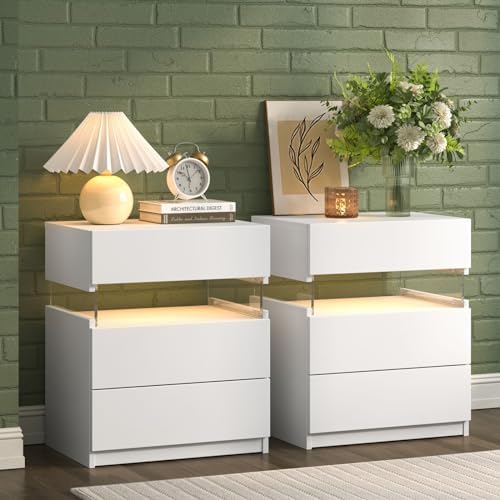 White LED Nightstand Set of 2,Night Stand Set 2,Modern Night Stand with 3 Drawers,Night Stands for Bedroom Set of 2,Bedside Table with Silent Slide Drawer