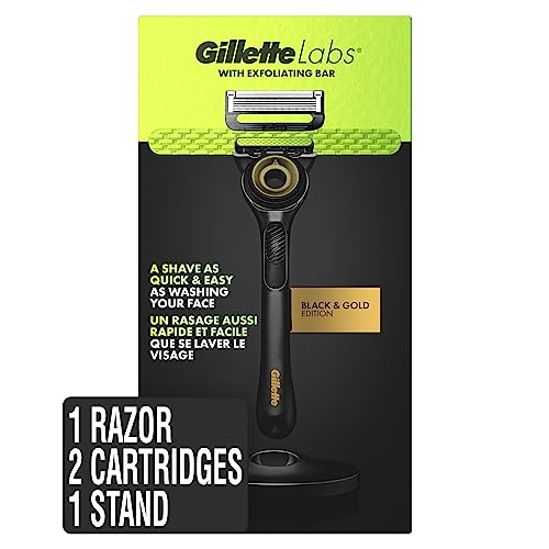Gillette Labs Men's Razor with Exfoliating Bar, Shaving Kit Includes 1 Handle, 2 Blade Refills, 1 Premium Magnetic Stand, Black and Gold