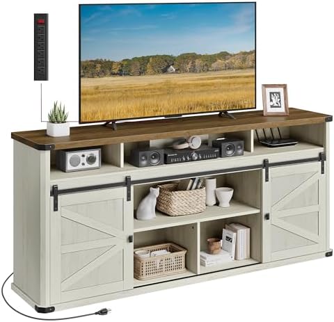 VASAGLE TV Stand for TVs up to 75 Inches, Farmhouse Entertainment Center with Sliding Barn Doors, Console Table for Living Room, Rustic White and Honey Brown ULTV323W02