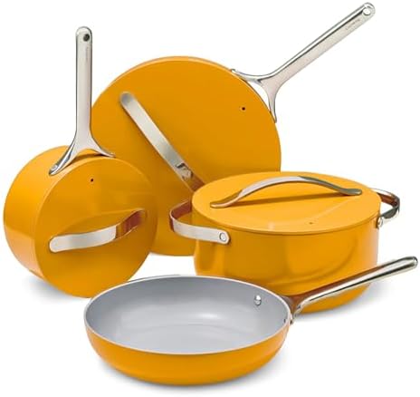 Caraway Nonstick Ceramic Cookware Set (12 Piece) Pots, Pans, Lids and Kitchen Storage - Non Toxic - Oven Safe & Compatible with All Stovetops - Marigold
