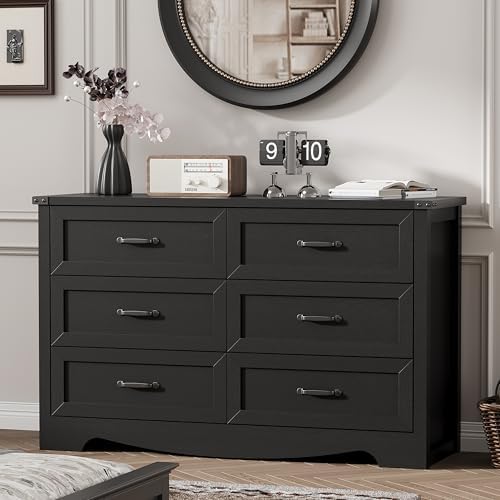 Dresser for Bedroom with 6 Drawers, 48" Wide Wood Chest of Drawers with Deep Drawers & Mental Handle, Modern Dresser TV Stand, Wooden Closet Storage Organizer for Living Room, Hallway, Entryway, Black