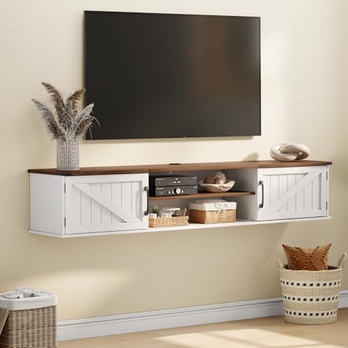 Floating TV Stand with Doors, 63'' Farmhouse Floating TV Shelf for TVs up to 80 Inch, 2 Tier Wall Mounted TV Stand, Floating Entertainment Center, TV Floating Cabinet for Living Room, Bedroom, White