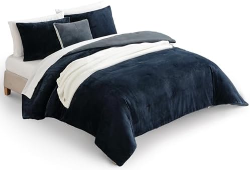 UGG Full/Queen Comforter Set 5 Piece Bed in a Bag with Throw Blanket, Decorative Pillow, Shams, Reversible Hypoallergenic Washable Luxury Warm Fluffy Bedding Set, Navy Blue (Remina)